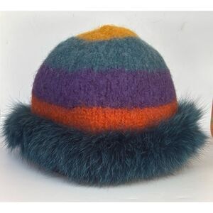 Vintage Lenore Marshall Mohair/ Wool / Fox Real Fur / Rainbow Stripe Bucket Hat